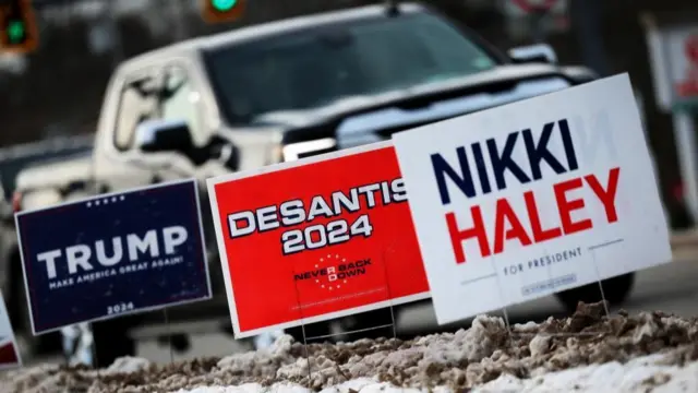 Description Signs for Republican U.S. presidential candidates former President Donald Trump, Florida Governor Ron DeSantis and former Ambassador to the United Nations Nikki Haley