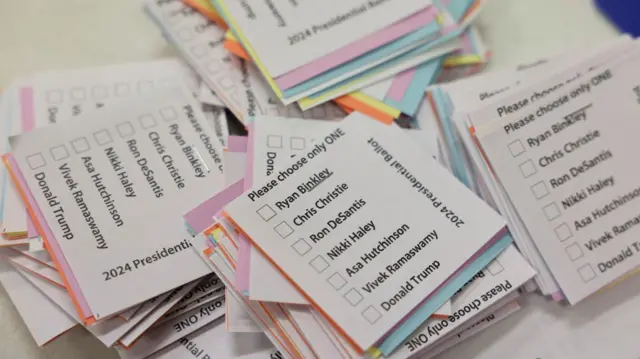 Candidates' ballots pictured before the caucus vote in Mineola, Iowa last week