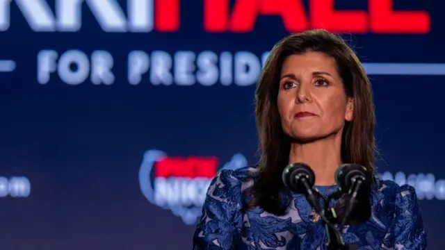 Nikki Haley delivers remarks at her primary-night rally at the Grappone Conference Center