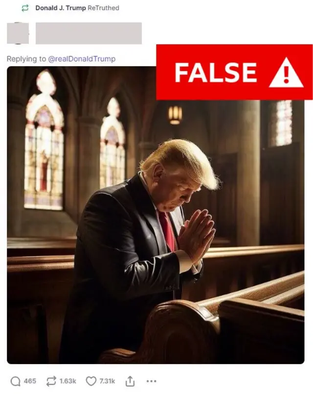 An image of Trump praying in a church with six fingers