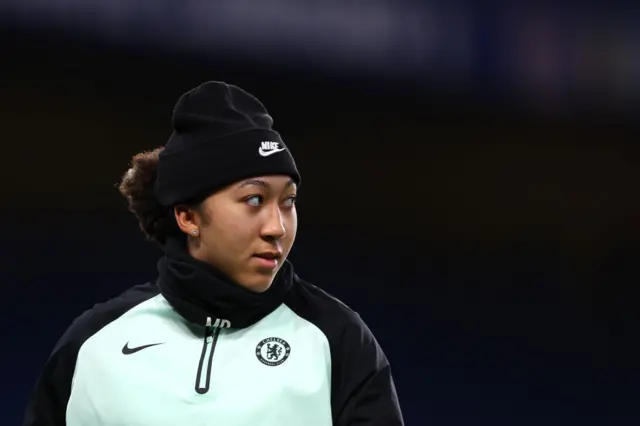 Lauren James warms up at Stamford Bridge.