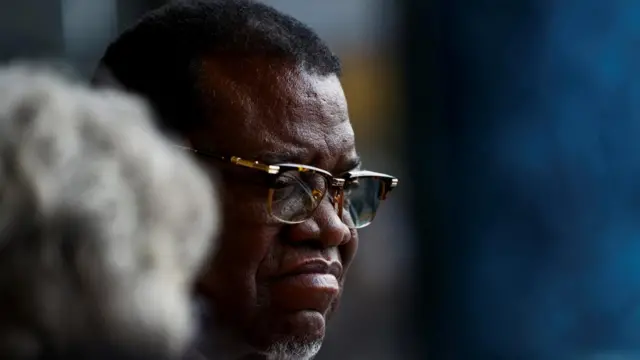 Namibian President Hage Geingob looks on as he meets with U.S. First Lady Jill Biden (not pictured) during the first leg of her African visit, at the State House in the capital Windhoek, in Namibia, February 22, 2023