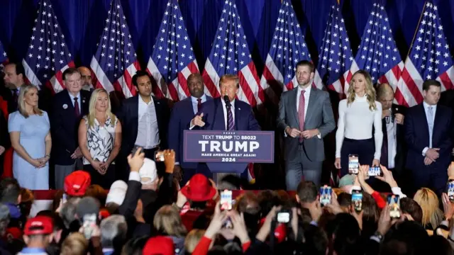 Former U.S. President and Republican presidential candidate Donald Trump speaks on stage during a New Hampshire presidential primary election night watch party, in Nashua, New Hampshire, U.S., January 23, 2024.