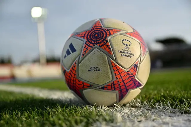 The Champions League match ball on the Roma pitch.