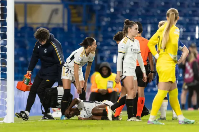 Caicedo lies stricken after being fouled.