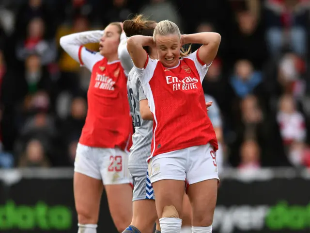 Beth Mead and Alessia Russo react to their side missing a chance v Everton.