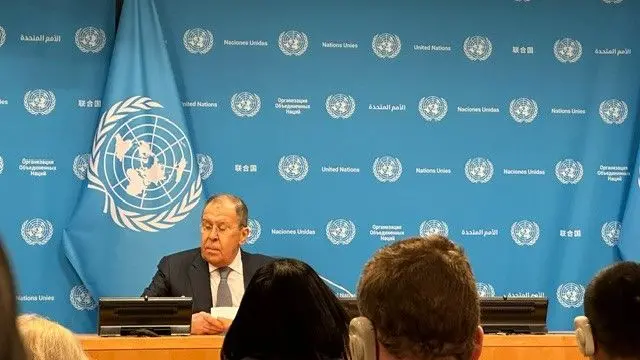 Russian foreign minister Sergei Lavrov giving a press conference to the UN headquarters in New York