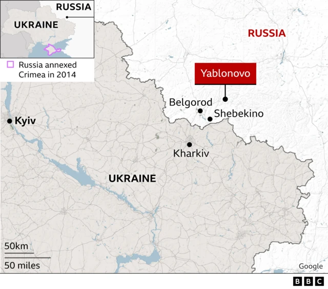 A map of Ukraine and Russia, highlighting where Belgorod is