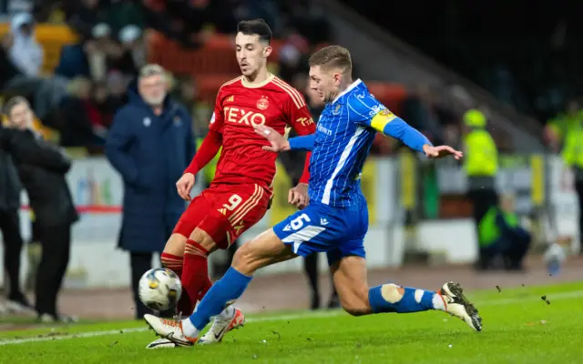 St Johnstone's Liam Gordon and Aberdeen's Bojan Miovski in action during a cinch Premiership match between St Johnstone and Aberdeen at McDiarmid Park