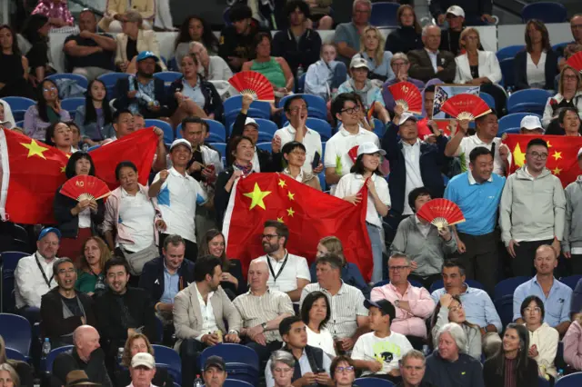 Chinese fans hold China flags in the crowd