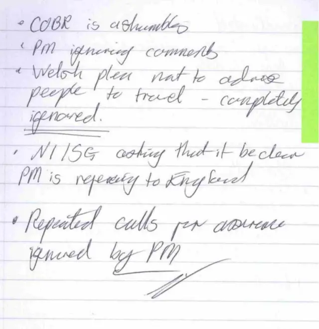 A hand-written note in which Ms Lloyd said Cobra, the UK government’s emergency response committee, was a “shambles