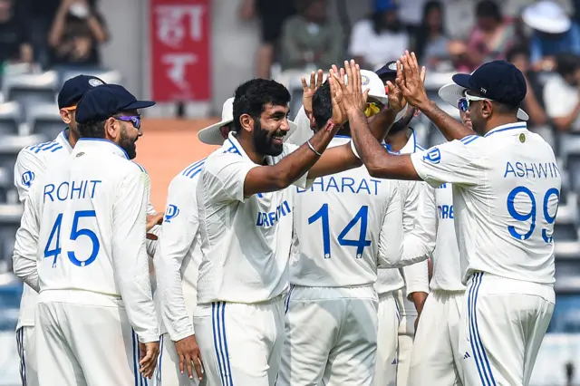 India's Jasprit Bumrah celebrates the wicket of England's Rehan Ahmed