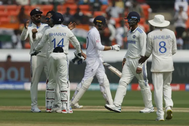 India's Axar Patel celebrates the wicket of England's Ben Foakes