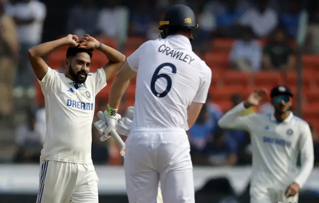 India's Mohammed Siraj reacts after beating the outside edge of England's Zak Crawley