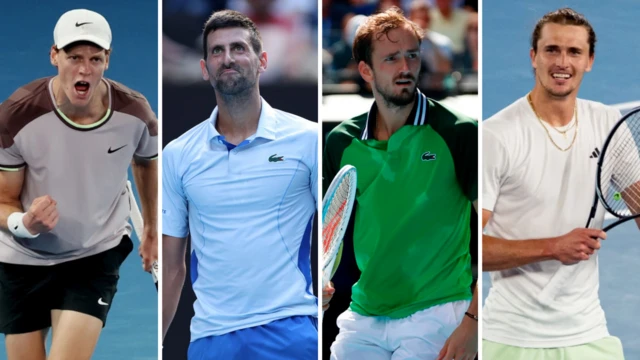 Jannik Sinner, Novak Djokovic, Daniil Medvedev and Alexander Zverev edited to be side-by-side in a four frame picture