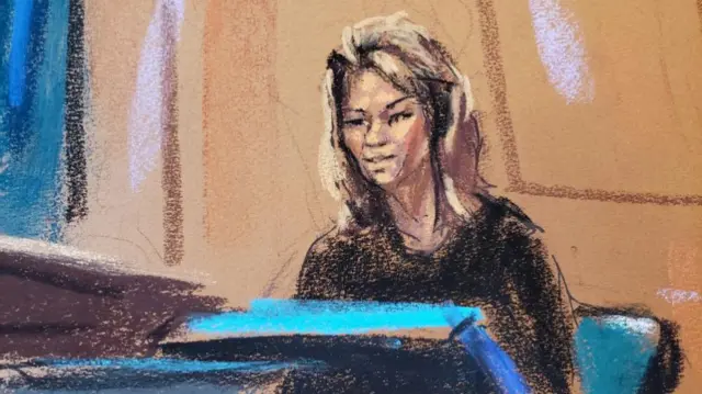 A court artist sketch of former Elle Editor-in-Chief Robbie Myers testifying