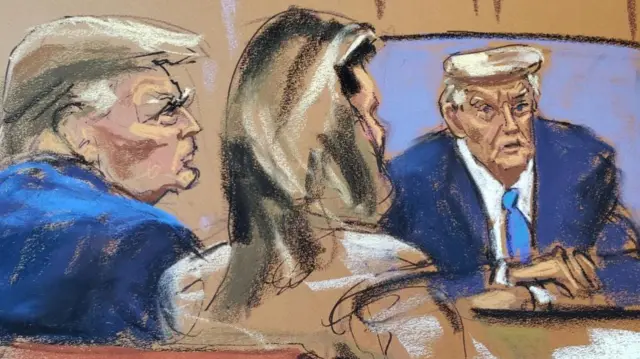 A court artist sketch of Trump watching himself give a video deposition