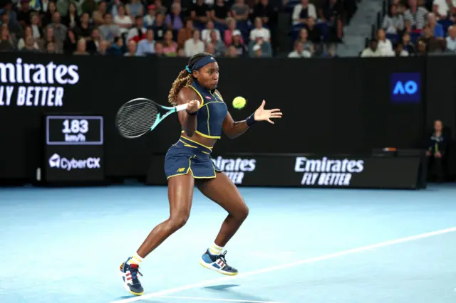 Coco Gauff hits a forehand shot