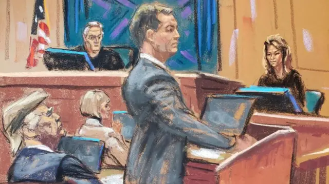 A court sketch artist sketch of Trump looking on while Robbie Myers testifies