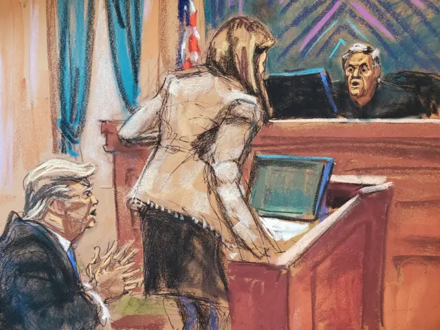 Former U.S. President Donald Trump exclaims to U.S. District Judge Lewis Kaplan "I never met this woman" as his lawyer Alina Habba stands during the second civil trial where E. Jean Carroll accused Trump of raping her decades ago, at Manhattan Federal Court in New York City, U.S., January 25, 2024 in this courtroom sketch