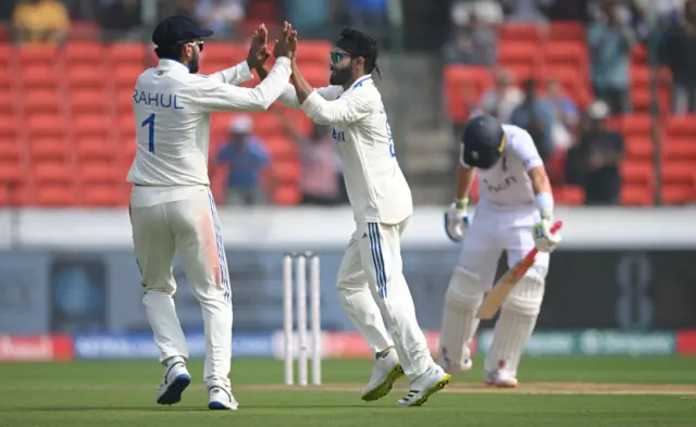 Ravindra Jadeja celebrates the wicket of Ollie Pope