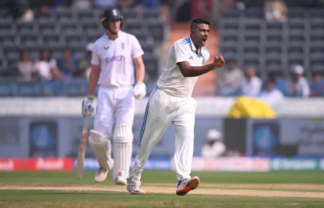 Ravichandran Ashwin celebrates the wicket of Ben Duckett