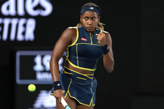 Coco Gauff pumps her fist in celebration