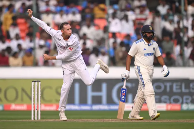 Tom Hartley bowls for England