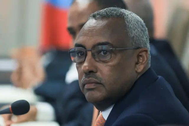 Ethiopian Deputy Prime Minister and Foreign Minister Demeke Mekonnen looks on during a meeting with US Secretary of State Antony Blinken (not seen) in Addis Ababa, Ethiopia, on March 15, 2023