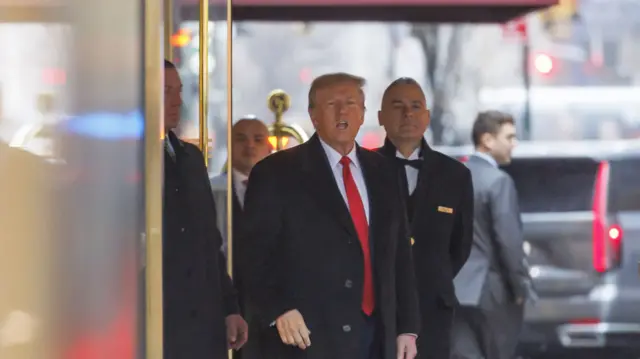 Former U.S. President Donald Trump leaves Trump Tower to attend E. Jean Carroll's defamation case against him in New York, New York, USA, 26 January 2024. Trump testified in his own defense on 25 January and is expected to hear closing arguments in the morning on 26 January.