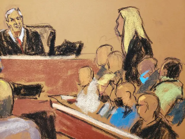 The verdict is read during the second civil trial where E. Jean Carroll accused former U.S. President Donald Trump of raping her decades ago, at Manhattan Federal Court in New York City, U.S., January 26, 2024, in this courtroom sketc