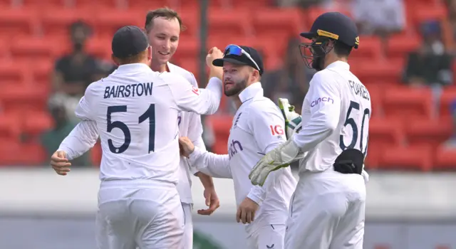 Tom Hartley celebrating his wicket