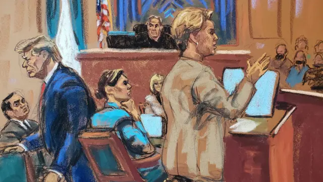 Former U.S. President Donald Trump walks out during attorney Roberta Kaplan's closing argument, during E. Jean Carroll’s second civil trial as Carroll accused Trump of raping her decades ago, at Manhattan Federal Court in New York City, U.S., January 26, 2024, in this courtroom sketch.