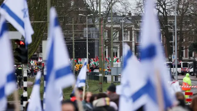 Pro-Israeli and pro-Palestinian protesters gathered near the ICJ in the Hague to watch the proceedings