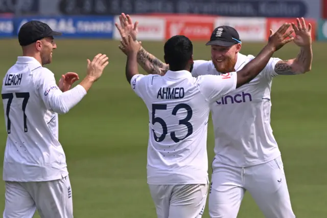 Ben Stokes and Rehan Ahmed celebrate