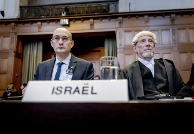 Gilad Noam, Deputy Attorney-General for International Affairs, and lawyer Malcolm Shaw during a ruling by the International Court of Justice (ICJ) in The Hague