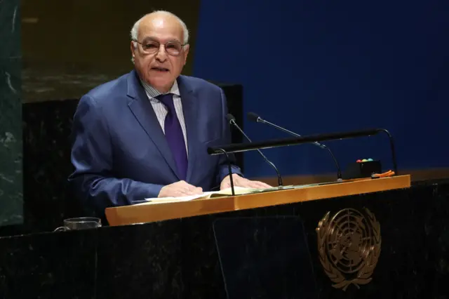 Algeria's Foreign Minister Ahmed Attaf speaks at an emergency special session of the United Nations General Assembly on the ongoing conflict between Israel and Hamas at the U.N.