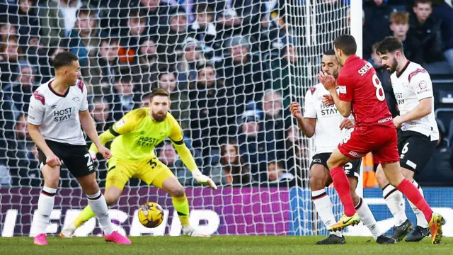 Liam Sercombe scores for Cheltenham against Derby County