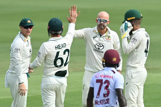 Nathan Lyon celebrates wicket