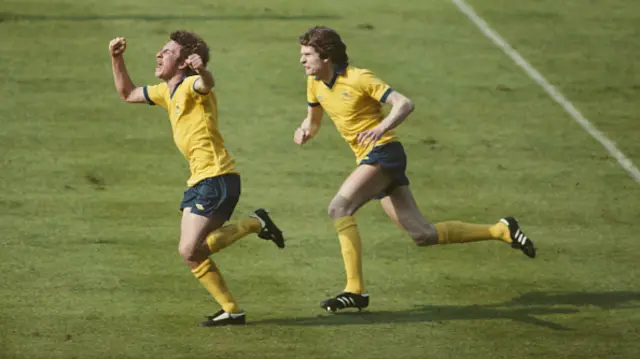 Alan Sunderland celebrates after scoring in the 1979 FA Cup final