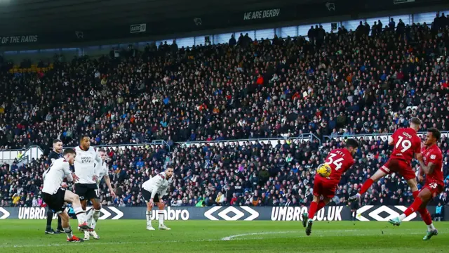 Max Bird levels for Derby County against Cheltenham