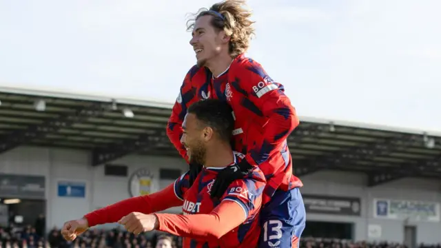 Rangers' Cyriel Dessers and Todd Cantwell celebrate