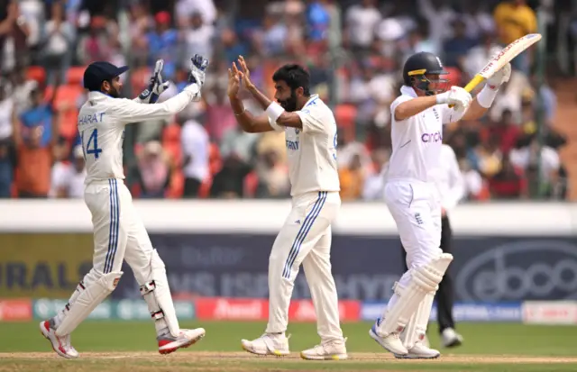 Bumrah celebrates wicket of Root