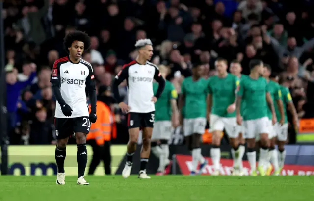 Fulham players commiserate as Newcastle players celebrate behind.