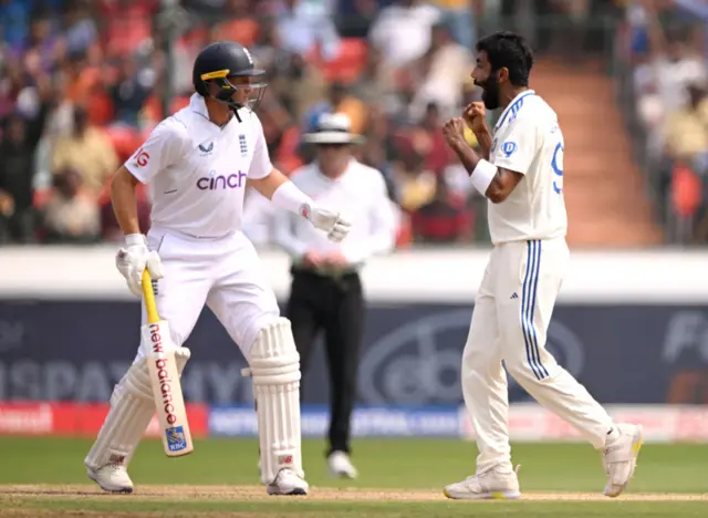 Jasprit Bumrah celebrating the wicket of Joe Root