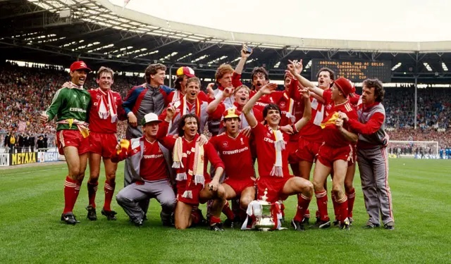 Liverpool celebrate winning the 1986 FA Cup final