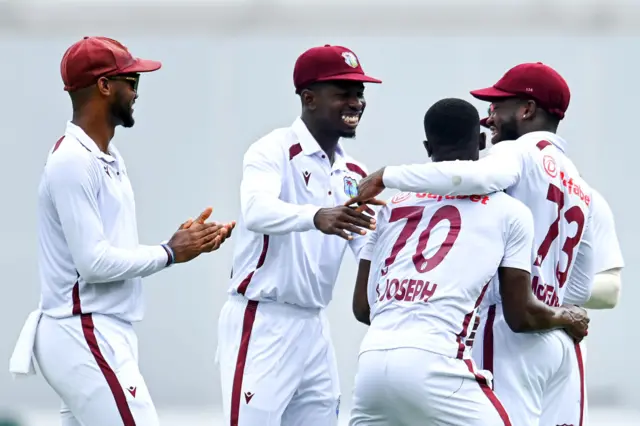 West Indies celebrate a wicket