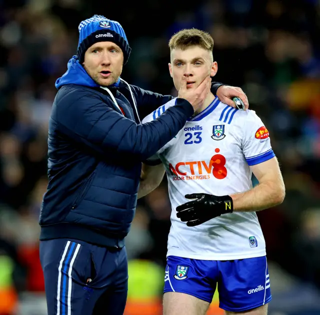 Monaghan boss Vinny Corey embraces Ciaran McNulty after the youngster hitting the Farney County's winning point in their dramatic victory over Dublin at Croke Park