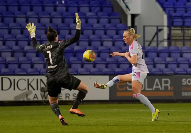 Blackstenius tries a lofted finish over the top of the goalkeeper.