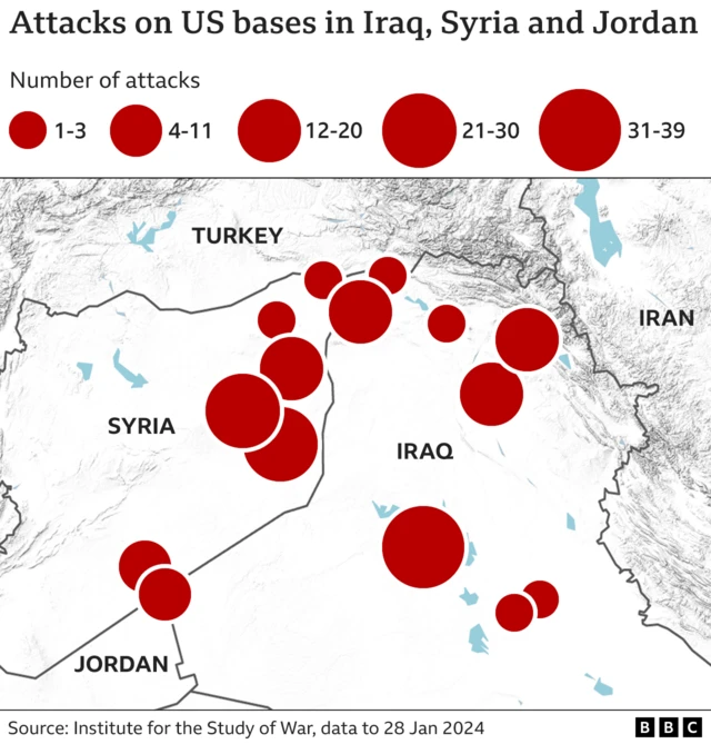 A map of Syria, Iraq and Jordan. Red dots indicate how many attacks have been made on a certain US base by size